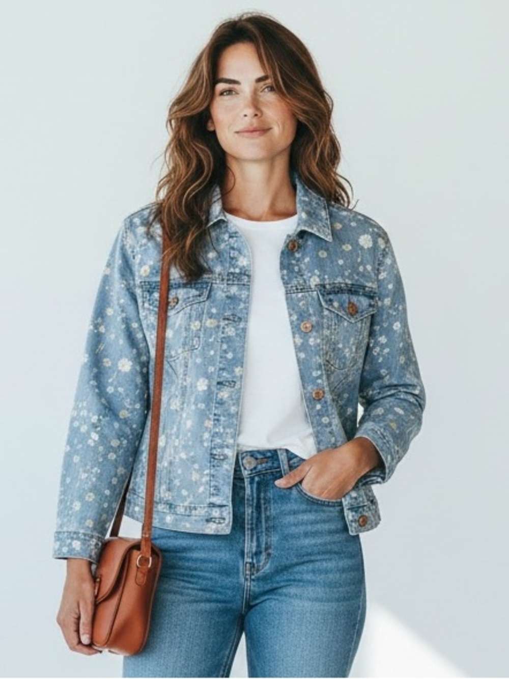 NWT Seven7 Floral Denim Jacket Light Wash Daisy Print Women’s L
